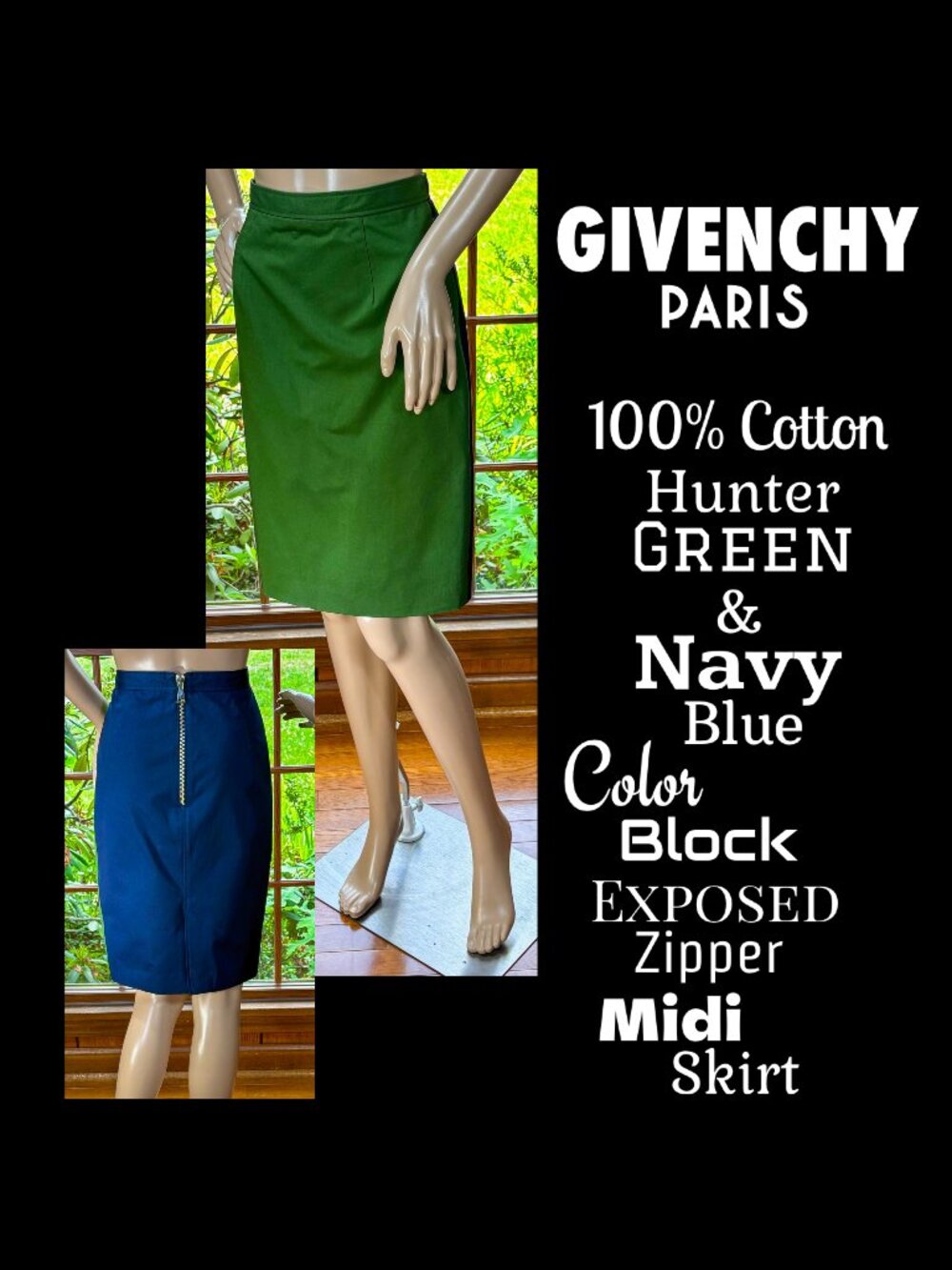 ▪️GIVENCHY▪️Green & Blue Color Block Cotton Exposed Back Zip Midi Pencil Skirt
